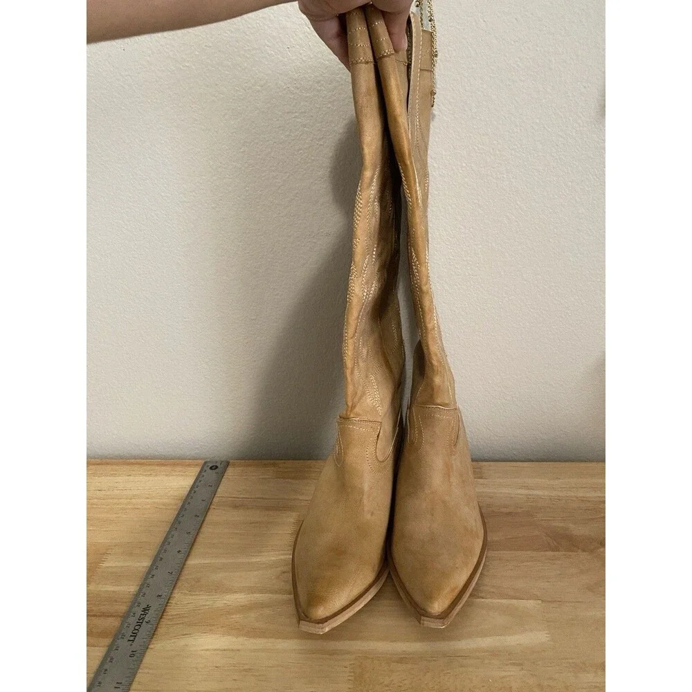 shushop ZaireCowgirl Western BootsSquare Toe Low Chunky Heel Knee High Size 61/2